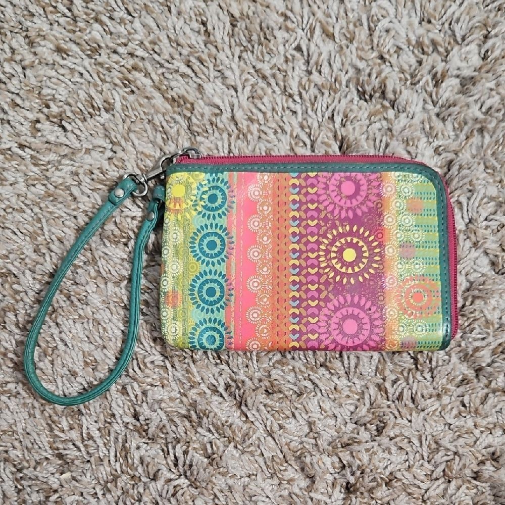 Fossil Pink & Green Boho Chic Zip Wristlet Clutch
